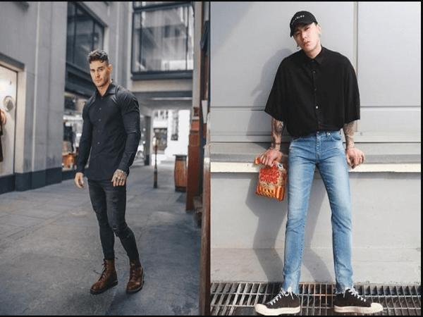 Phối áo sơ mi đen với quần Jeans sáng màu